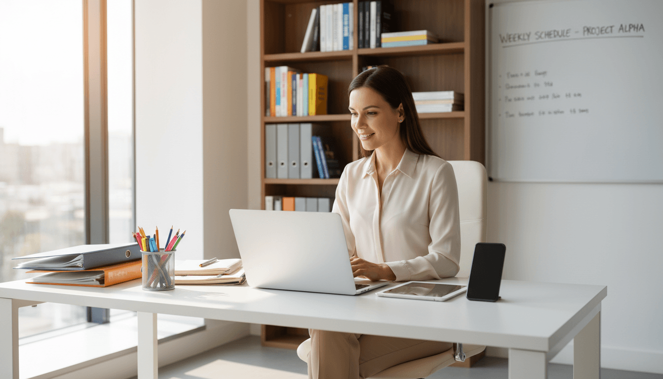 Virtual assistant at a desk with educational materials in a well-lit office.