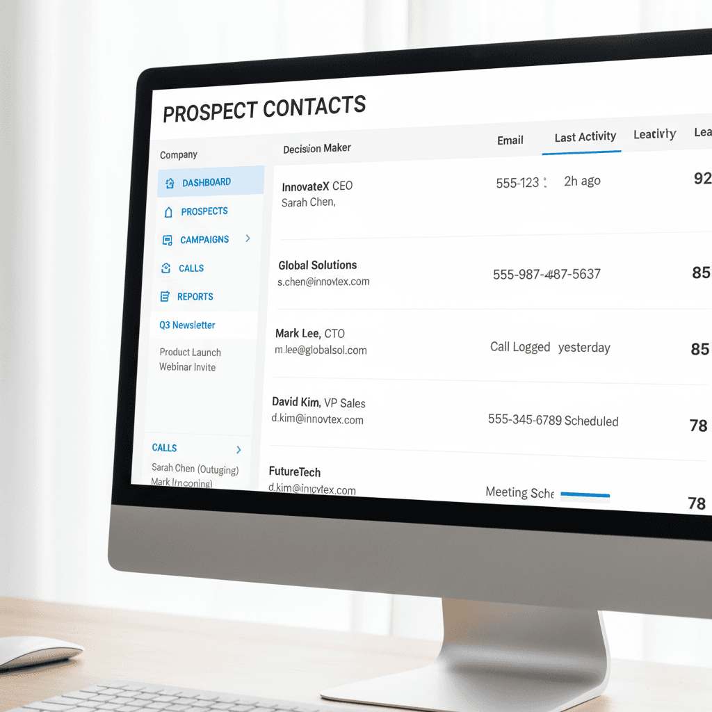 Computer screen displaying CRM interface with prospect contact records and email campaign data